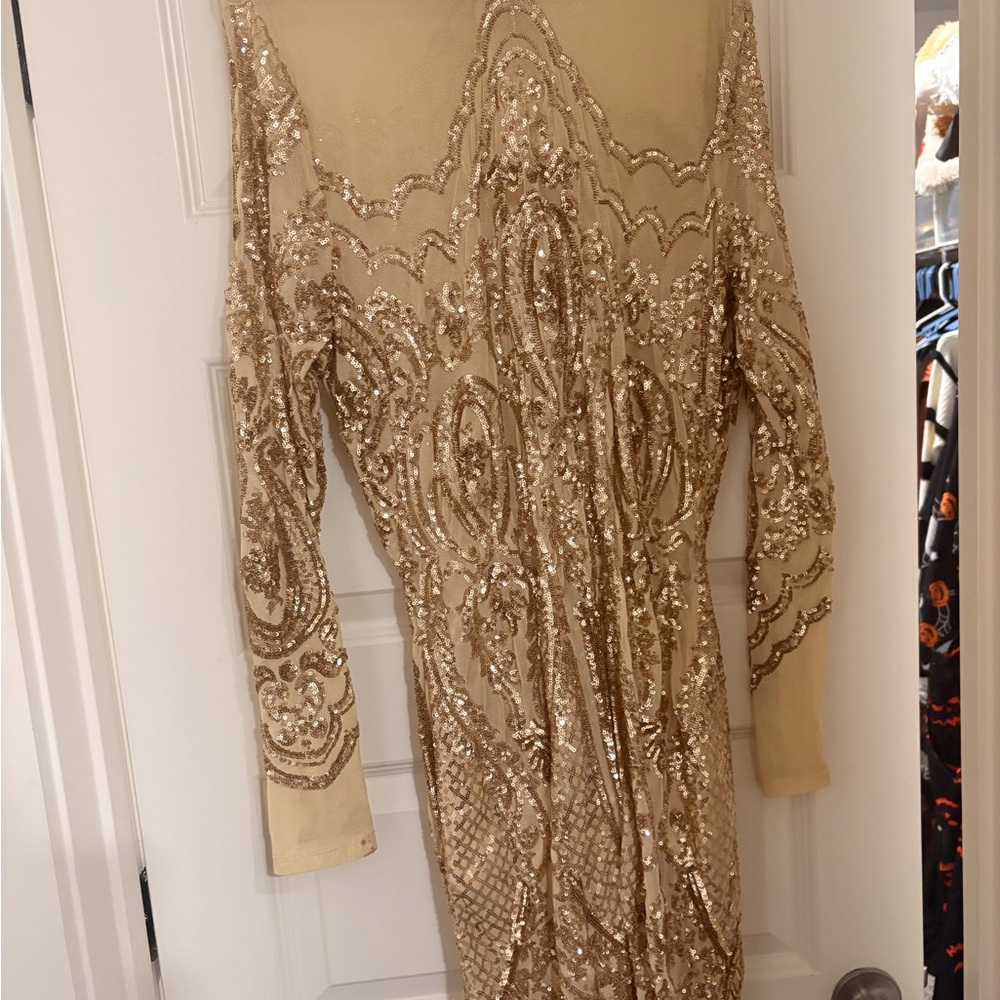 Fashion Nova Gold Sequin Long Sleeve Dress